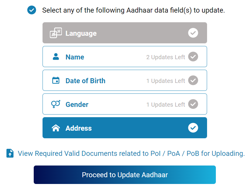 Address change / correction in AADHAAR online; select option.